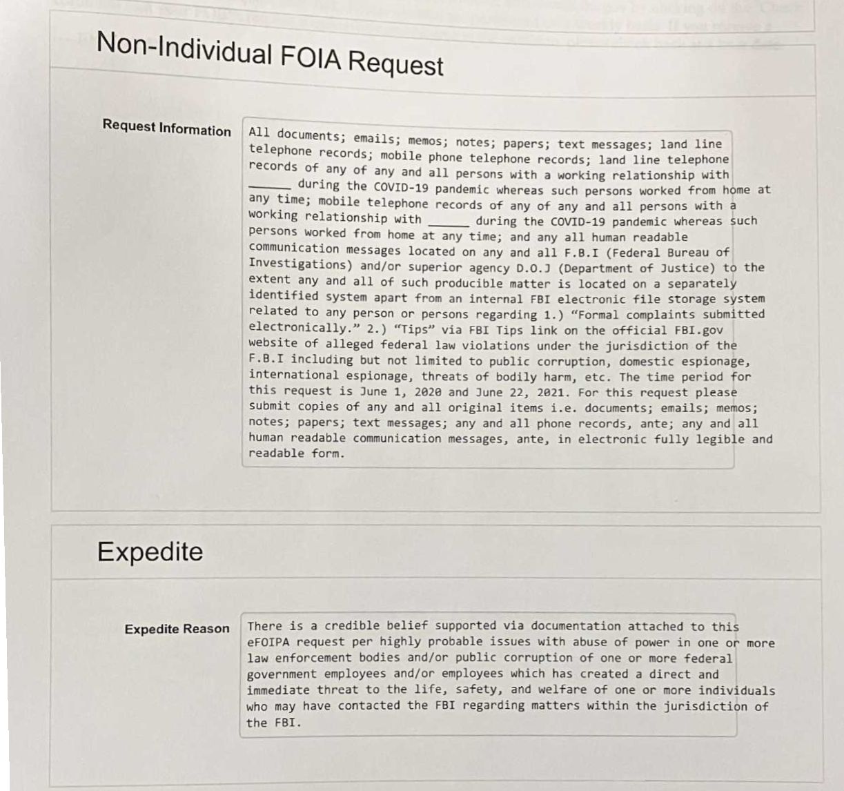 Legalhotwater 2021 FBI Original FOIA Request to Which the FBI has been Stonewalling for 4 Years Now